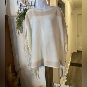 Multiples Cream Poncho with Fringe Accents